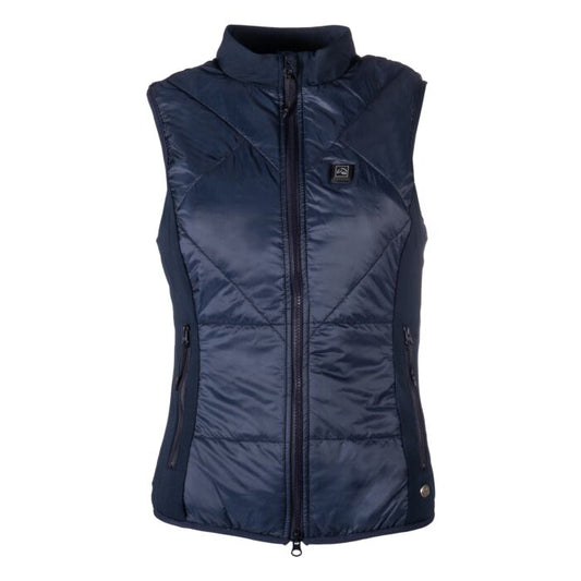 Navy blue quilted vest on a white background