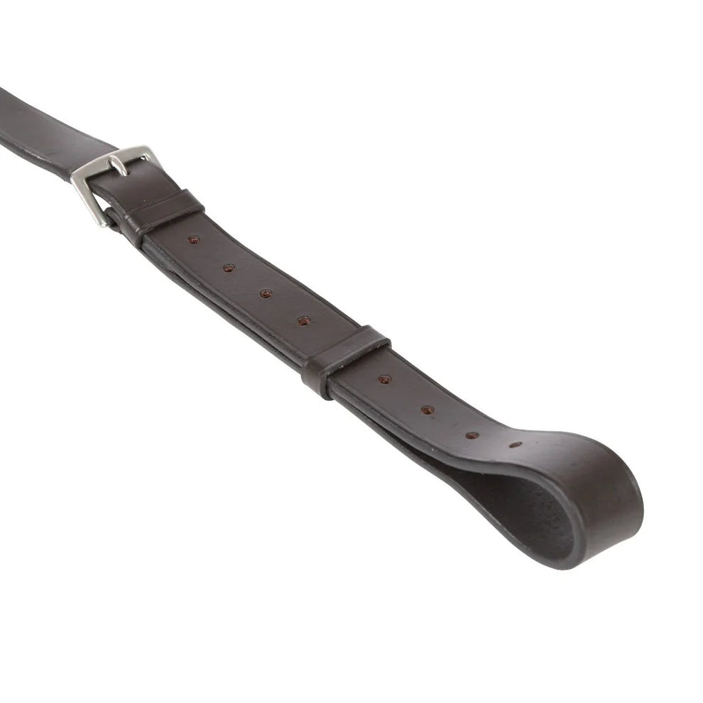 Brown leather breastplate with a silver buckle on a light gray background