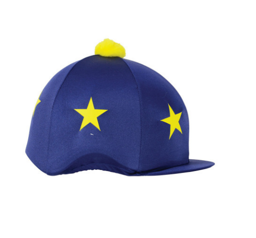Navy riding hat cover with yellow stars and a yellow pom-pom on a white background