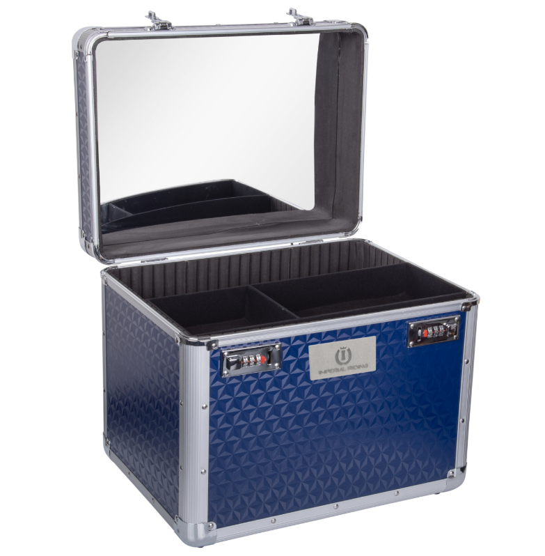 Blue and silver grooming box with with a mirror in the lid