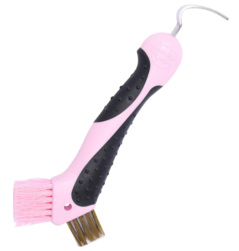 Pink and black hoof pick with bristle head on a white background