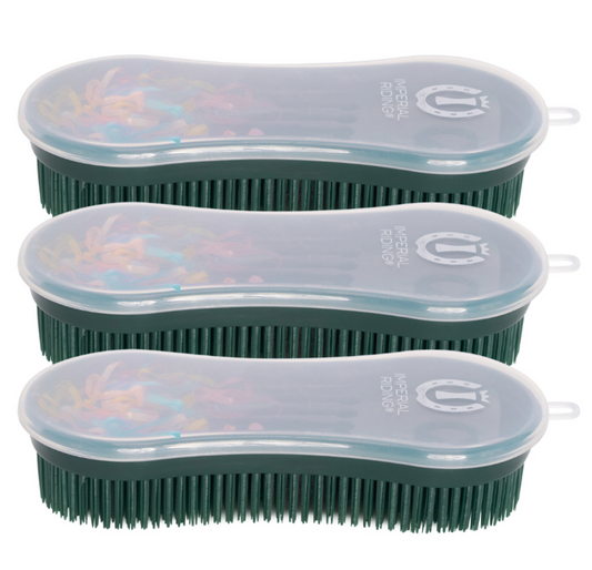 Set of three green grooming brushes with clear plastic handles on a white background