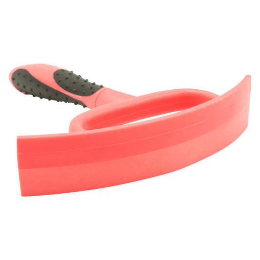 Pink sweat scraper with black textured handle on a white background