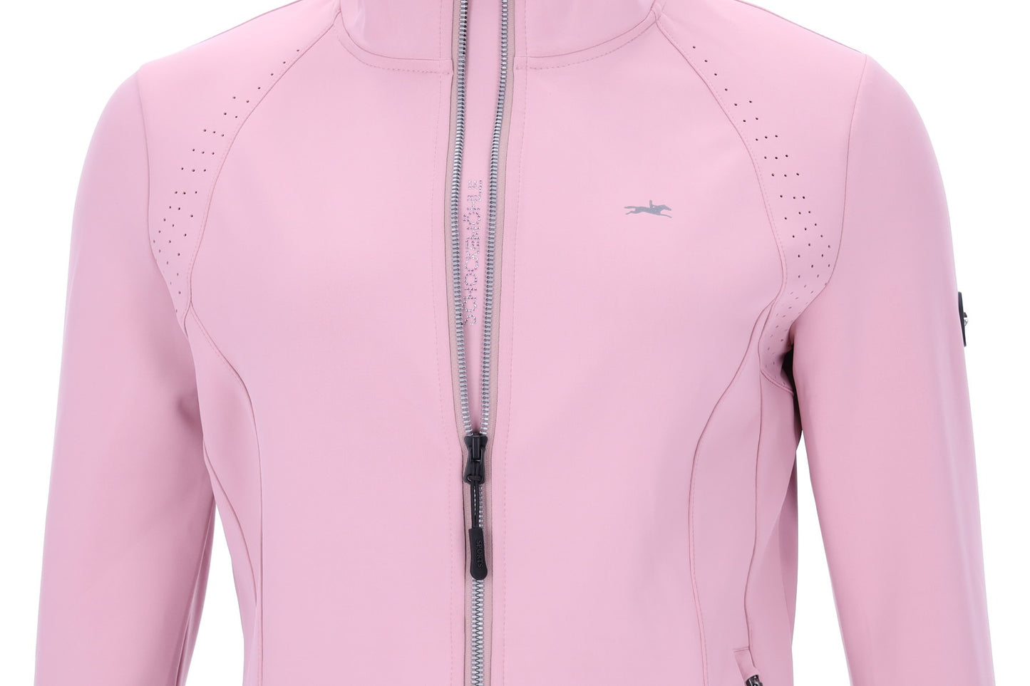 Pink ladies jacket with horse logo on a white background