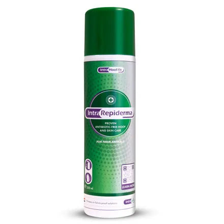 Green spray can labeled 'Intra Repiderma' on a white background