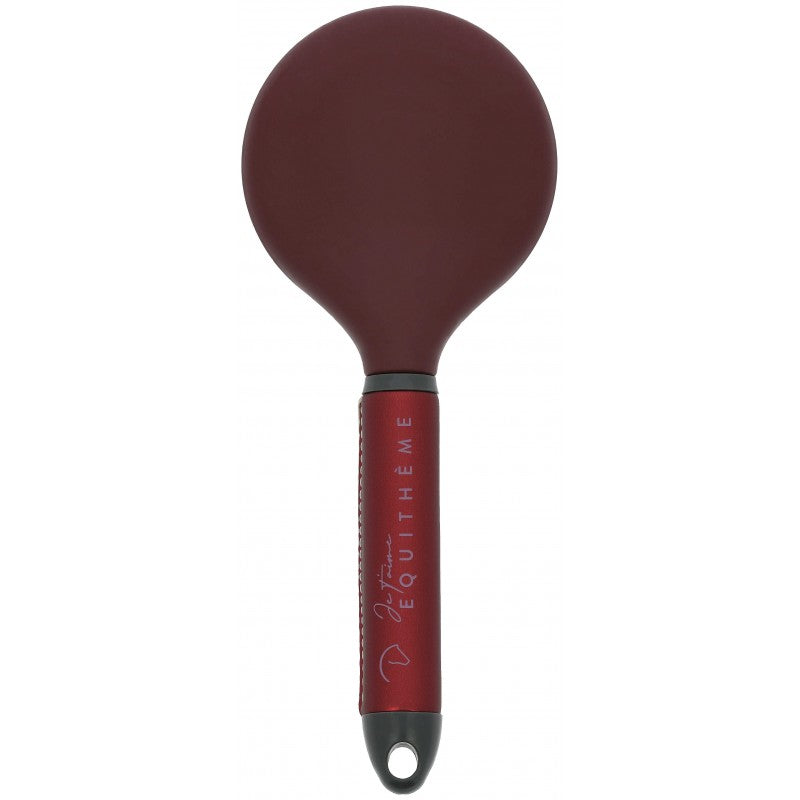 A dark red silicone ladle with a textured red handle featuring the brand name 'EQUITHÈME' in white, set against a plain white background.
