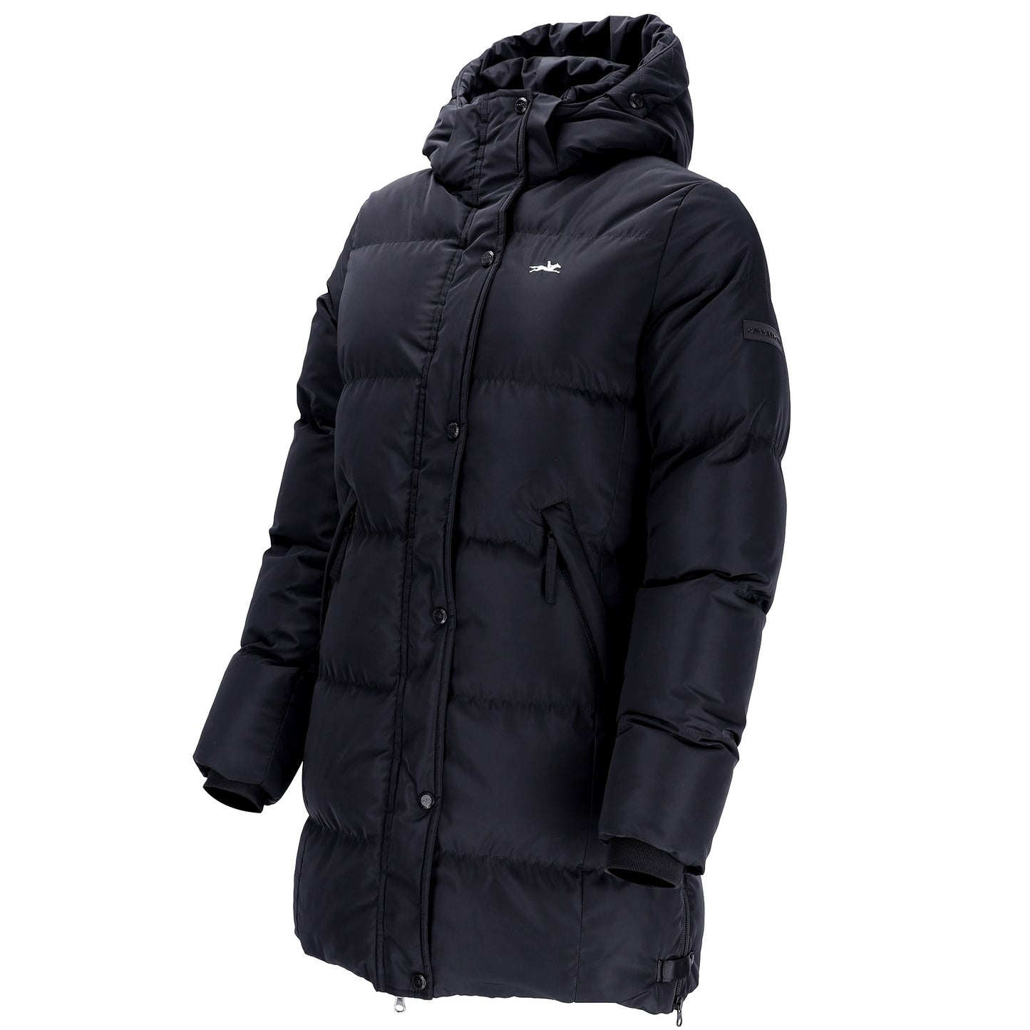 A black hooded puffer jacket with horizontal quilting, shown on a plain white background.