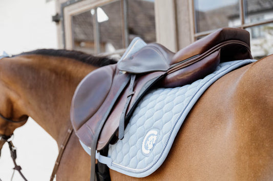 Close-up of a horse wearing a brown saddle with a blue pad, standing in front of a building.
