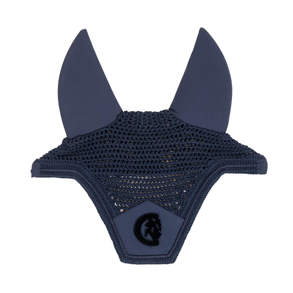 Blue crochet horse ear bonnet with a brand logo on a transparent background