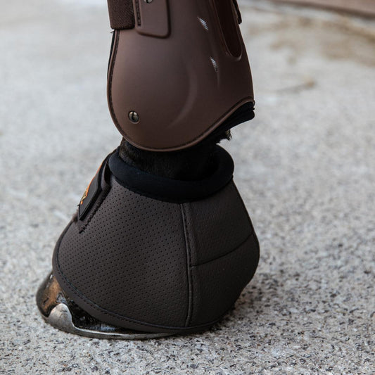 Close-up of a horse's hoof with protective boot on a concrete surface