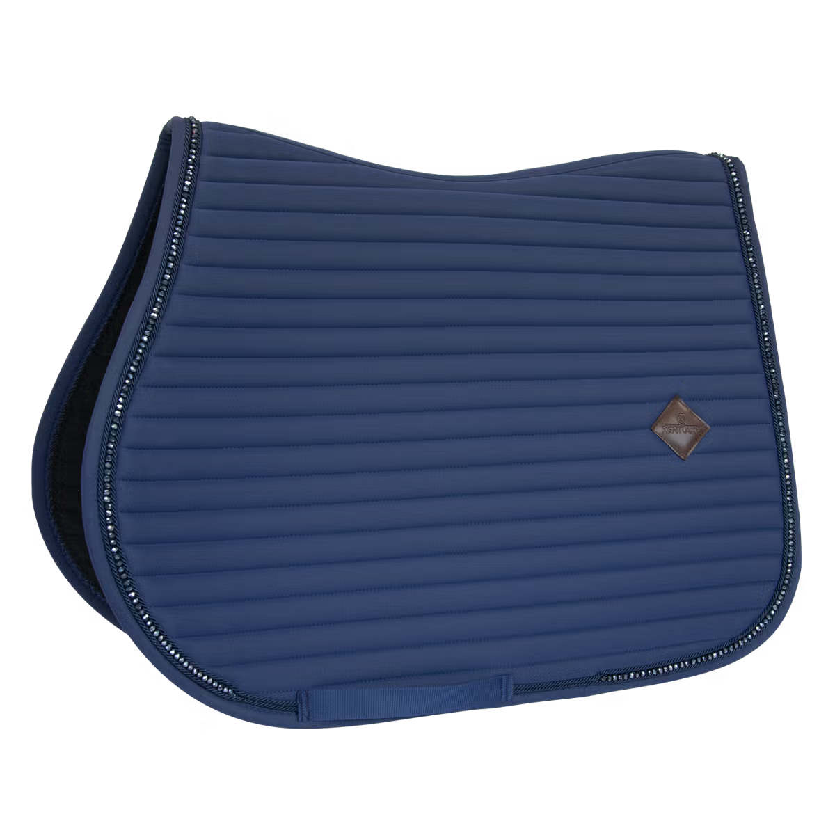 Blue saddle pad with a brand logo on a white background