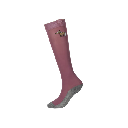 Pink knee-high sock with gray sole on a white background