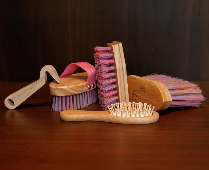 Set of grooming brushes on a wooden surface with a dark background