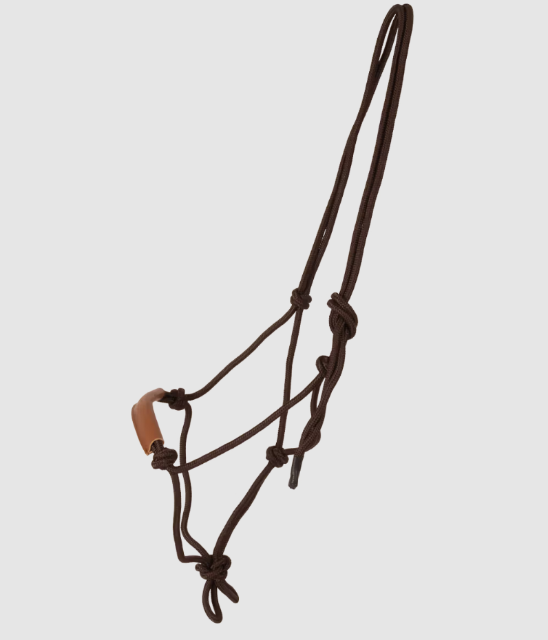 Brown rope halter on a light gray background