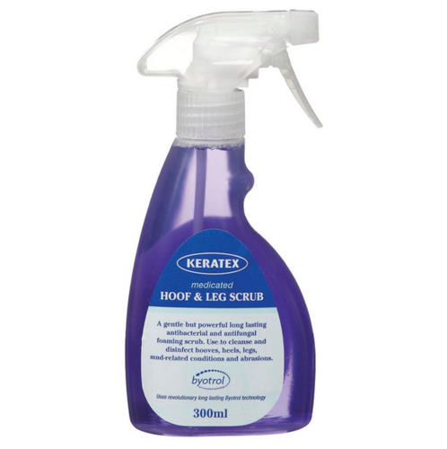 Purple bottle of Keratex Hoof & Leg Scrub on a white background