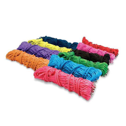 A set of colorful rope or cord bundles in multiple shades, including pink, blue, green, yellow, orange, purple, black, and red, arranged on a plain white background.