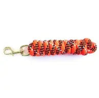 A coiled red and black patterned rope leash with a gold metal clasp, shown on a plain white background.