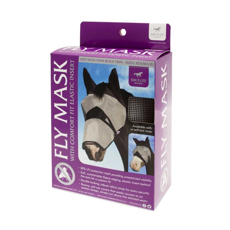 Box of horse fly mask with purple packaging and horse illustration