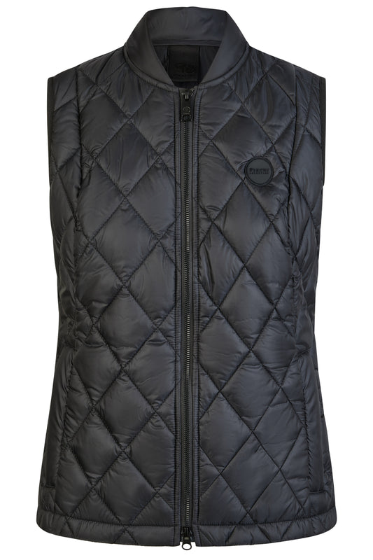 Black quilted vest on a white background