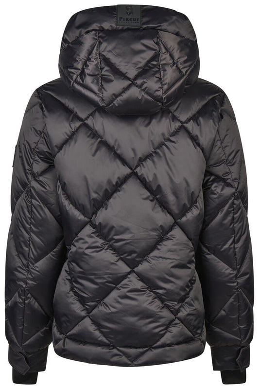 Black quilted puffer jacket with a diamond pattern, featuring a hood and long sleeves, shown from the back on a white background.