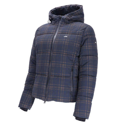 A hooded puffer jacket in navy blue with a tan and white plaid pattern, shown on a solid white background.