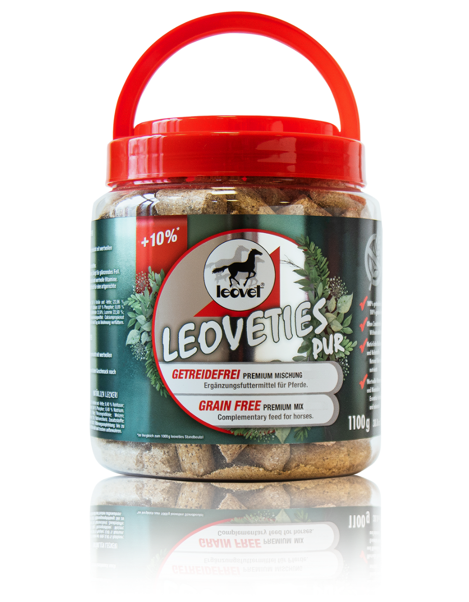 Tub of Leovet grain free horse treats on a white background