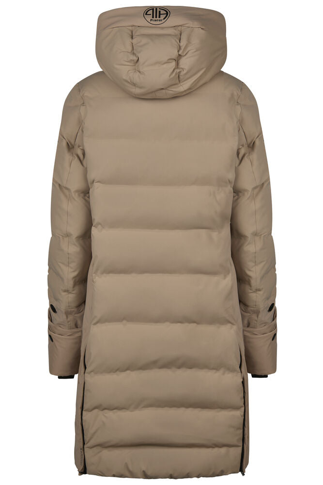 A long, hooded puffer coat shown from the back, in a solid taupe-beige color. The coat features horizontal quilting, a high padded hood with a circular logo emblem, and side pockets.