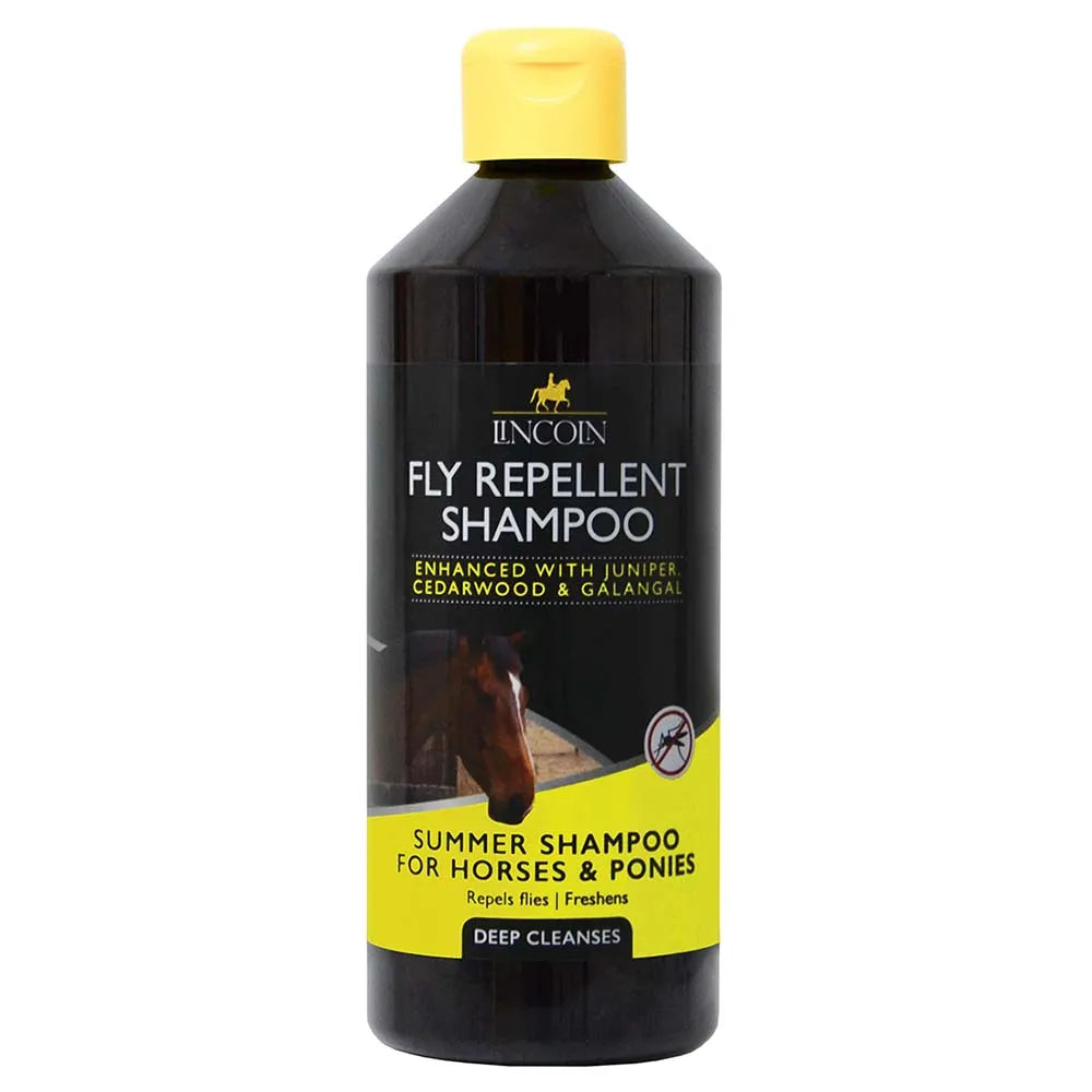 Lincoln Fly Repellent Shampoo in a black bottle with yellow label on white backround
