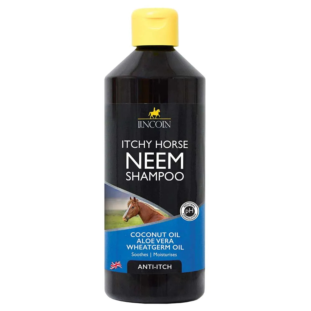 Lincoln Itchy Horse Neem Shampoo bottle with yellow cap on a white background