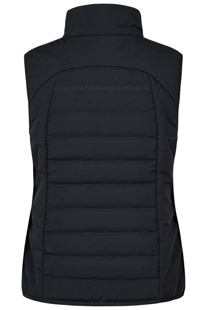 Black sleeveless puffer vest shown from the back, featuring horizontal quilting and a high collar, on a plain white background.