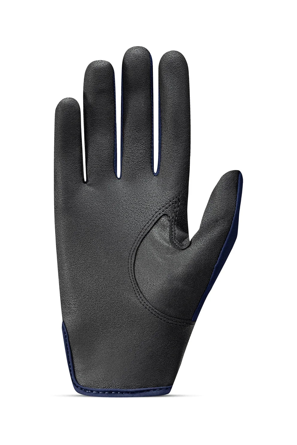 A single black leather work glove shown flat against a white background, with dark blue contrast stitching along the edges.