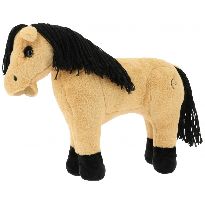 Plush horse toy with black mane and tail on a white background