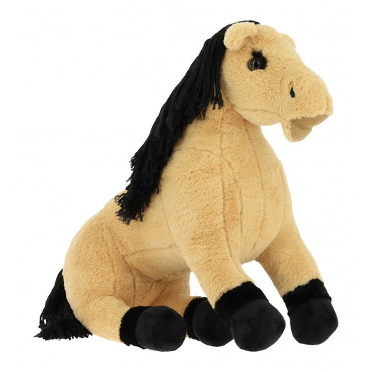 Plush horse toy with black mane and tail on a white background