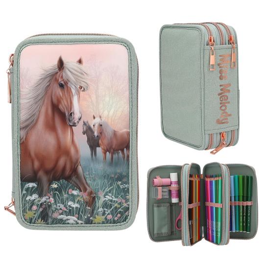 Pencil case with horse design and Melody brand name on a white background
