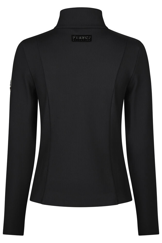 A black long-sleeve high-neck top shown from the back, featuring a small black rectangular logo patch on the upper back and a small white logo on the left sleeve, set against a plain white background.
