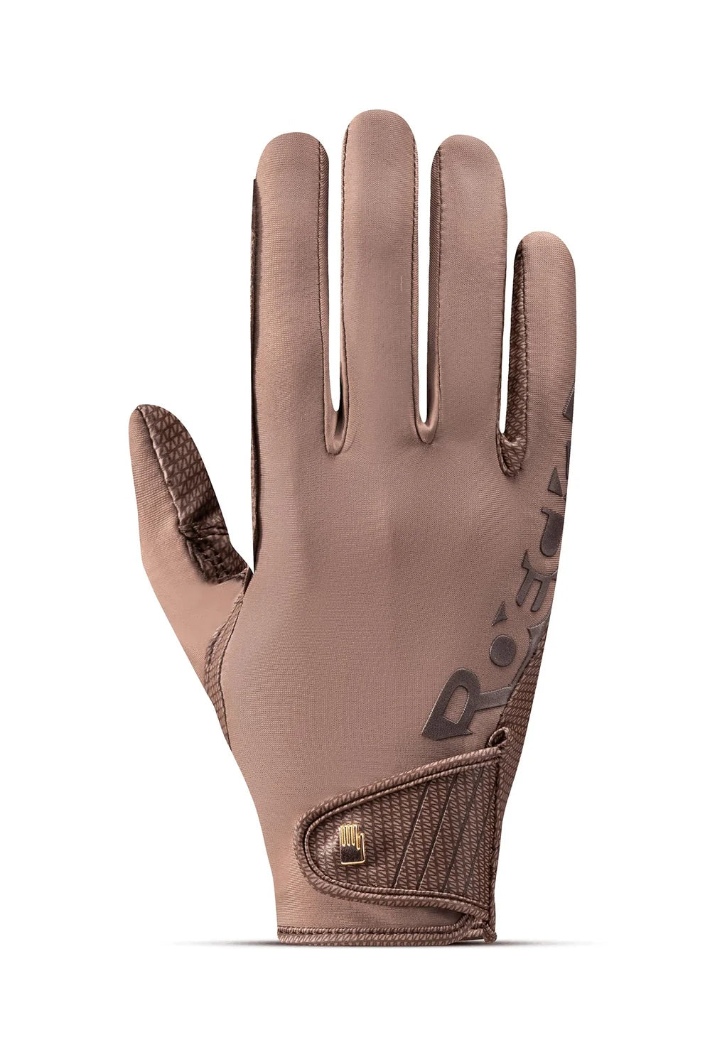 A single tan leather riding glove shown from the back, featuring a dark brown textured grip panel on the fingers and a black 'PRO' brand logo printed on the back, set against a plain white background.