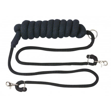 Navy lunging aid coiled rope leash on a white background