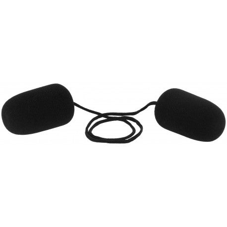 Black earplugs for horses with a cord on a white background