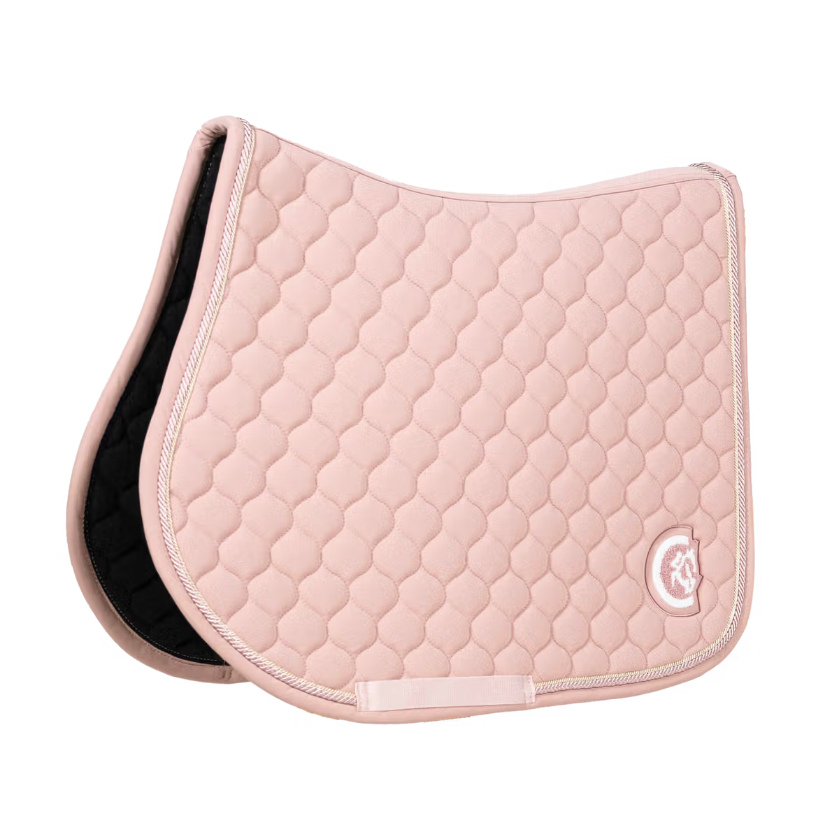 Quilted pink saddle pad with a brand logo on a white background