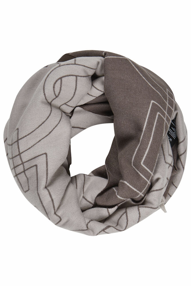 Gray and brown patterned infinity scarf on a white background