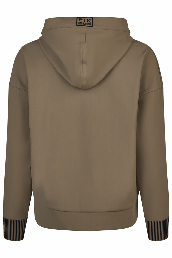 Brown hoodie with a brand logo on the back against a white background