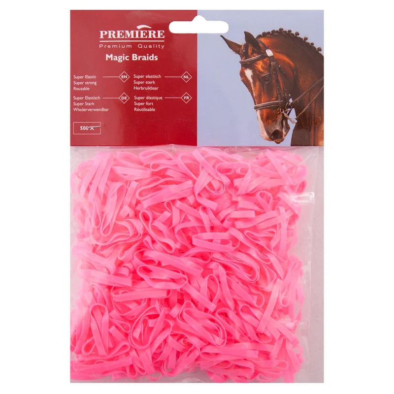 Pink plaiting bands in a bag on a white background
