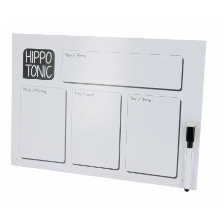White magnetic board with 'Hippo Tonic' branding and time slots for meals.