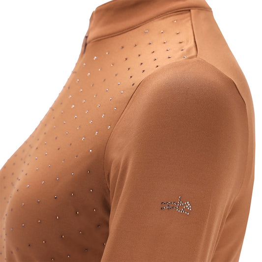 Close-up of a brown long-sleeve top with rhinestone embellishments on the chest and a small matching rhinestone logo on the sleeve, shown against a white background.