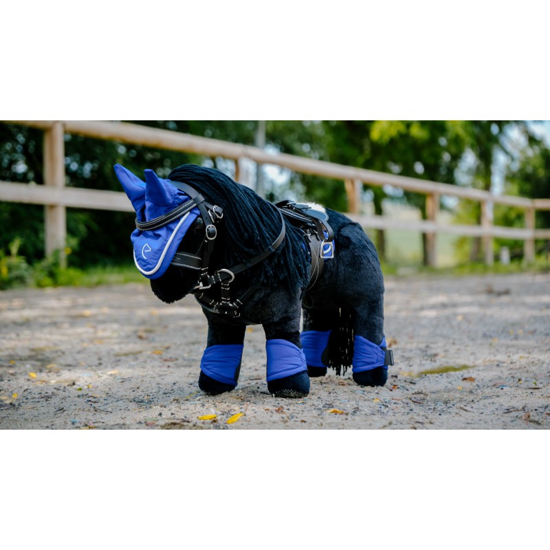 Horse in a black and blue protective outfit standing on a dirt path with a wooden fence and trees in the background.