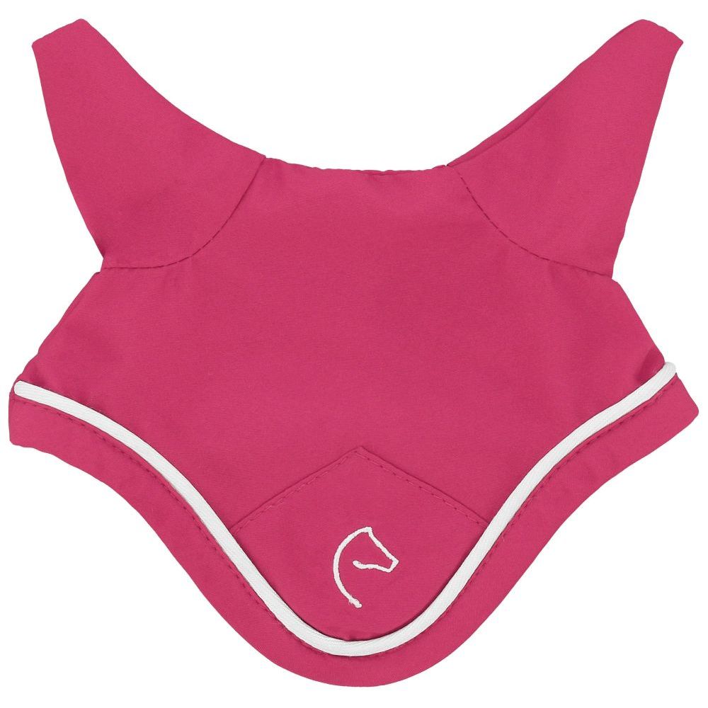 A bright pink horse bridle or stable blanket with white piping trim and a small white horse head logo on the lower center, shown against a plain white background.