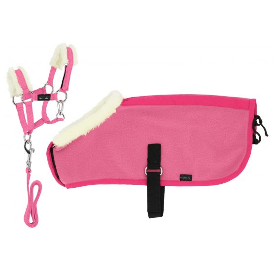 Pink dog harness and matching lead rope with white fleece lining, shown next to a matching pink dog blanket with a black strap on a white background.