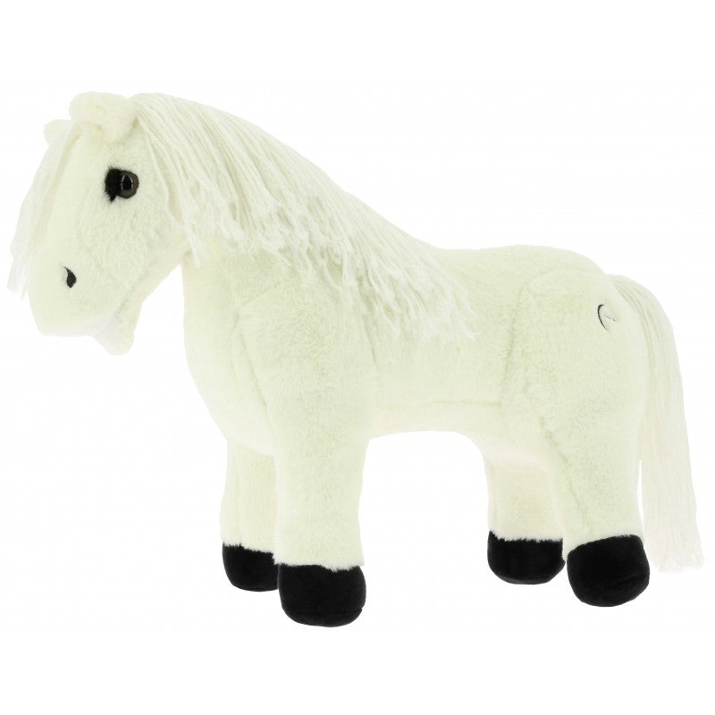 White plush horse toy with black hooves on a white background