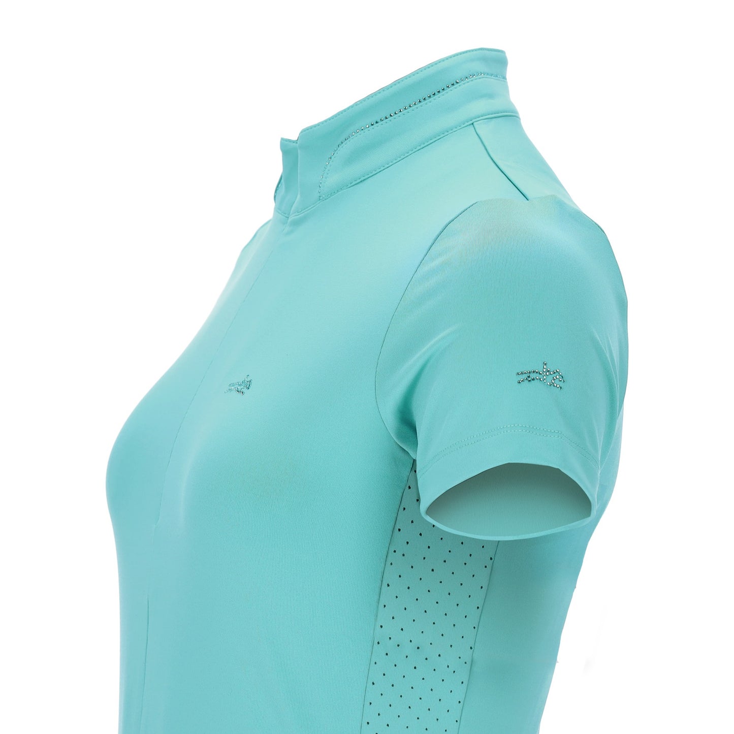 Turquoise blue training top on a white background with a horse logo on the sleeve