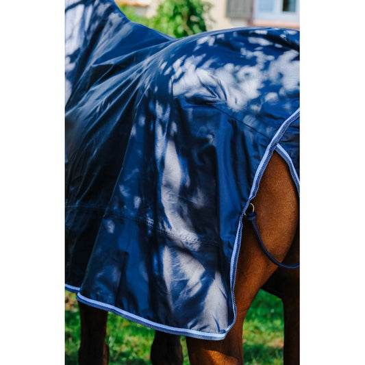Horse wearing a blue raincoat outdoors.